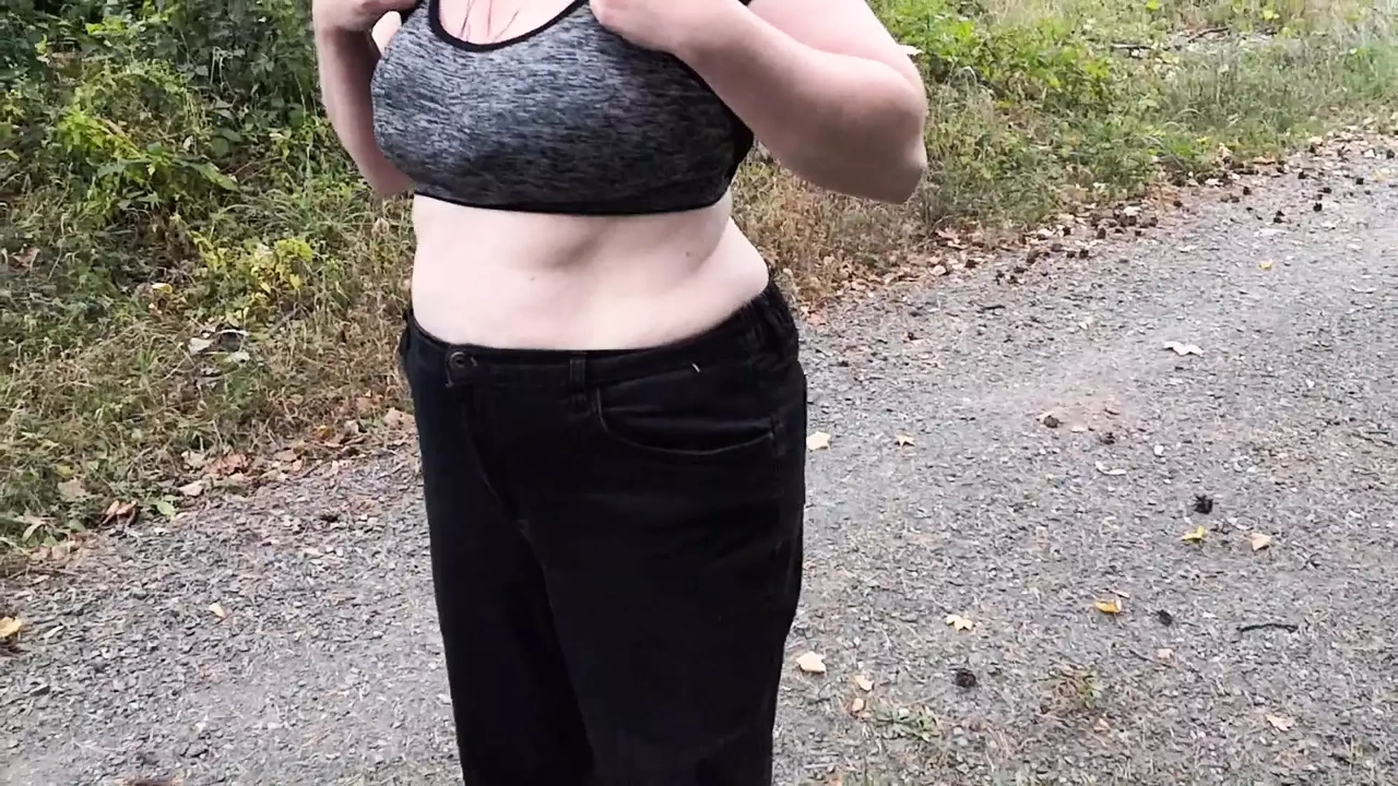 Punishment walk – stuffing her bra and panties in the woods
