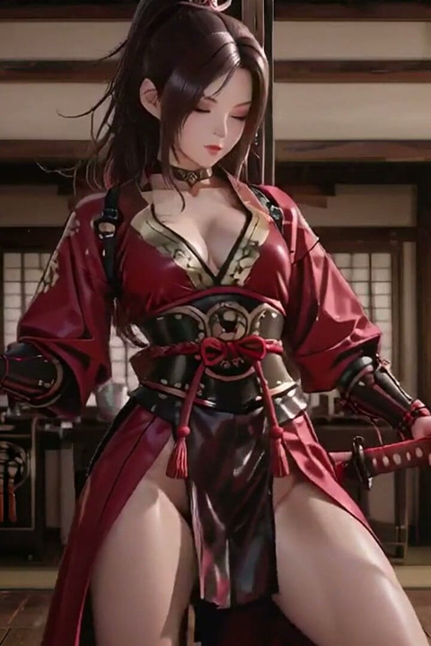 Crimson Samurai! Guerriera dai capelli rossi inginocchia al sole