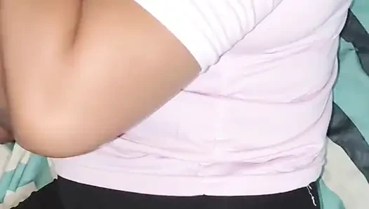 A busty Asian auntie is having a great time getting fuck hard, with the guy pulling out to cum because of the fear of pregnancy