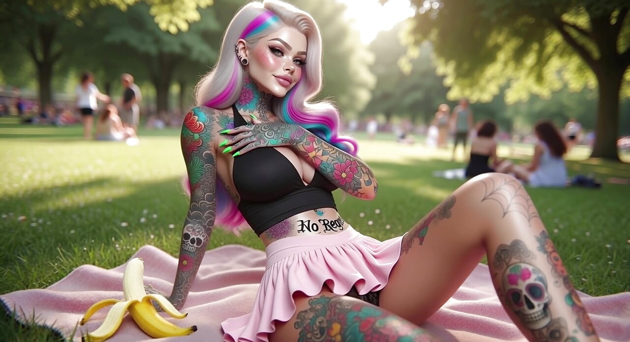 Tattooed Big Boobs Babe Masturbates in Public Park and Squirts