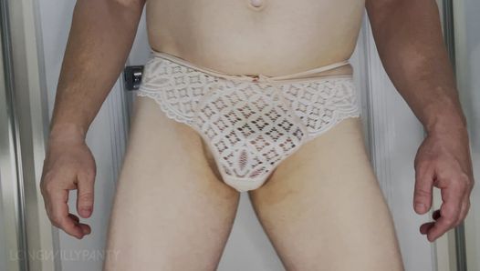 Straight guy wearing wifes white panties with his hard cock