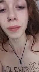 Slim brunette sucking a brush