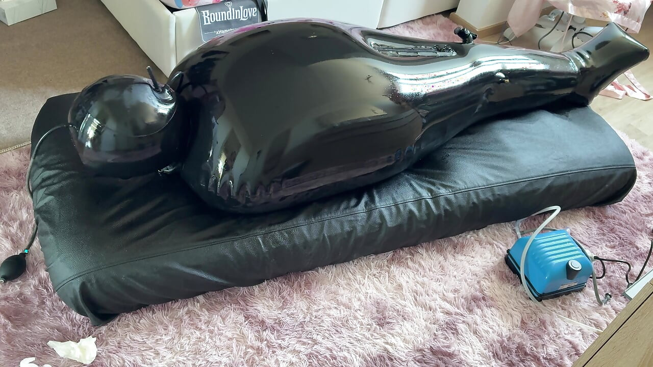 Wife drives her husband crazy with ESTIM in Inflatable Full Body Latex Bondage Bag - Exreme Edging. Restricted Breathing Gagged