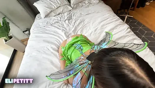 Tinker Bell gives her neighbor a deep blowjob until his face is covered in cum