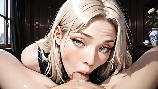 Blonde Colombian Blue Eyes Kneeling Sucking Thick Cock Of Her Boyfriend With Desire, Blowjob Deep Full Throat, Saliva Cumming