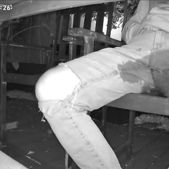 Amateur Boy Caught on Night Vision Cam Peeing Himself Sitting at the Garden Table (he Totally Wets His Pants) )