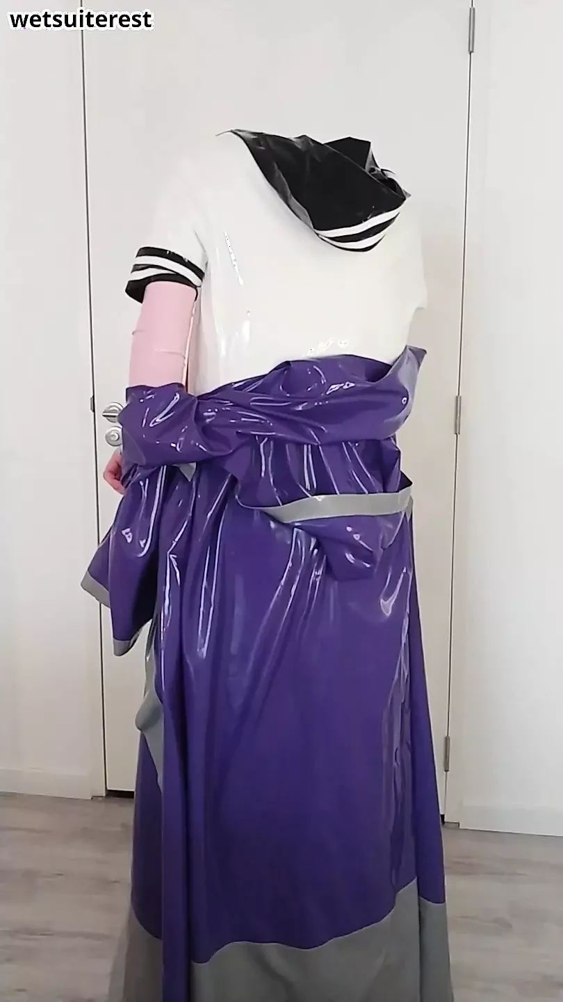 Undressing latex layers, rubber robe coat, schoolgirl sailor uniform, long skirt, stockings, transparent panties