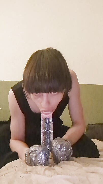 selfbondage mittens and dildo sucking