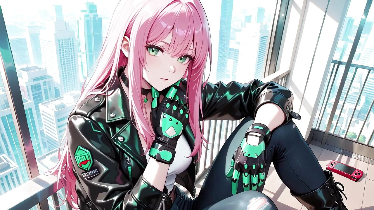 Pink-Haired Leather Tech! Private vibes in a neon-lit cyber corridor.