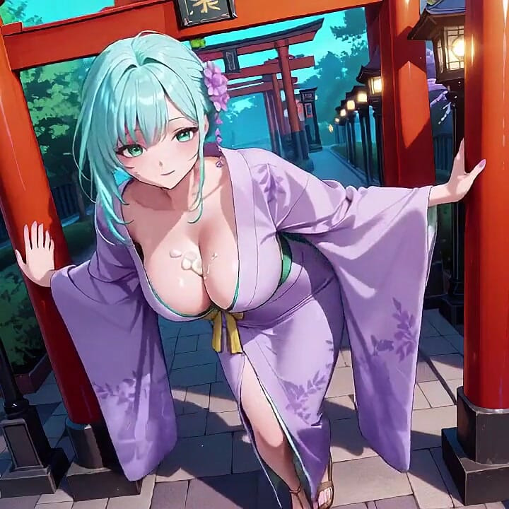 Purple Kimono Goddess! Can't Handle the Wetness Under the Red Torii Gate