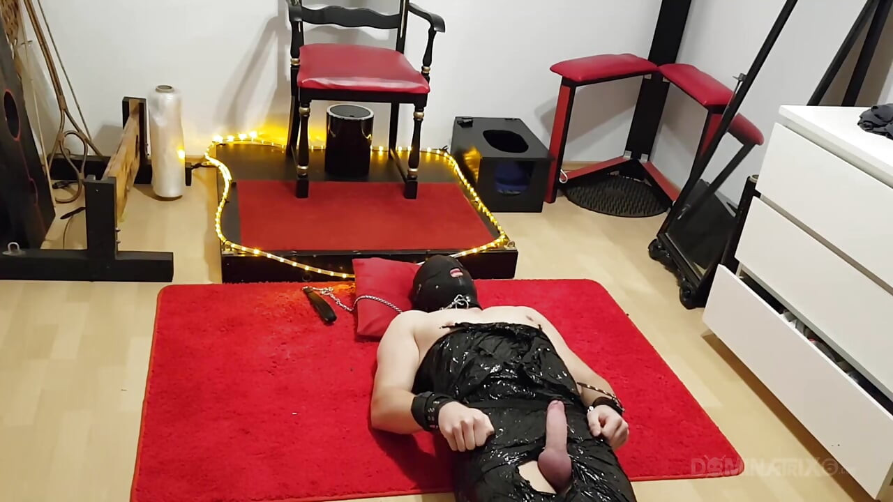 Brunette MILF Dominatrix Tramples Bound Slave's Cock