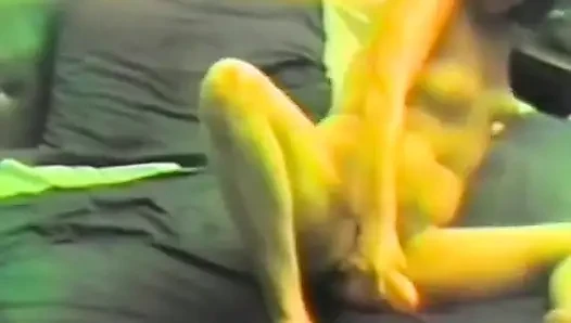 A horny brunette jerking off with two dildos