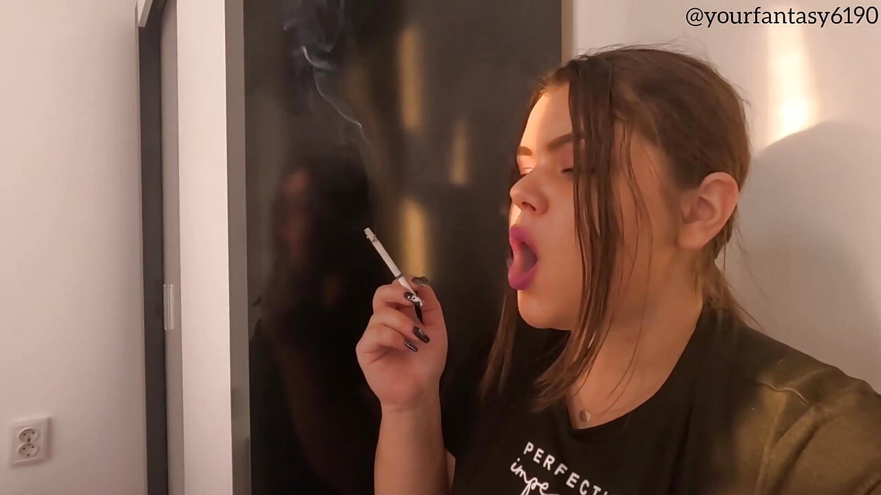 Smoking with Purple Lipstick Close-up Side View
