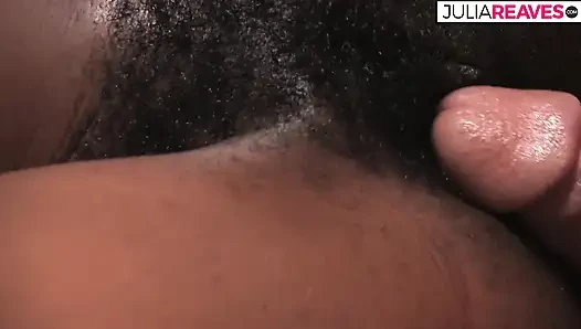 Ebony screams in pleasure as a massive cock fucks her hairy pussy to cumshot