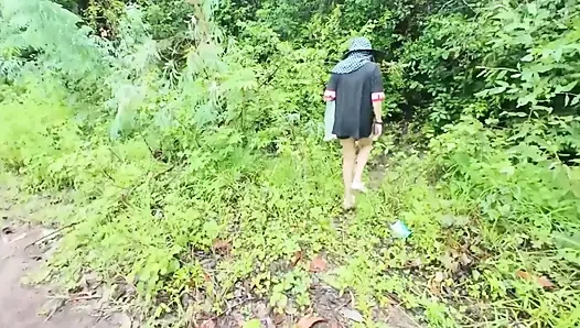 Thai Girl Walking Showing Along the Side of the Field Road in the Countryside Thai Outdoor Public