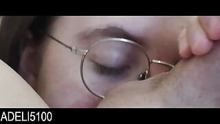 Nerdy girl in glasses sucks you off and swallows your cum
