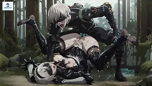 2B Nier Automata, аниме хентай, анальный секс Mecha в чулках