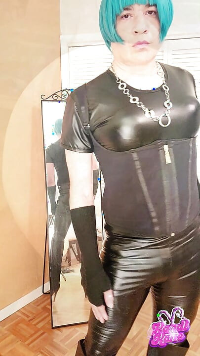 Super Sexy Sissy Slut Kandi swings her cock in her Black latex and boots PMV