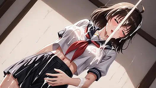 The student girl is cummed all over her face