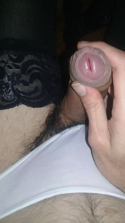 White panties crossdresser handjob hard cock