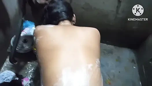 Stepbrother and step-sister-in-law are in the wash room in a whole romantic affair