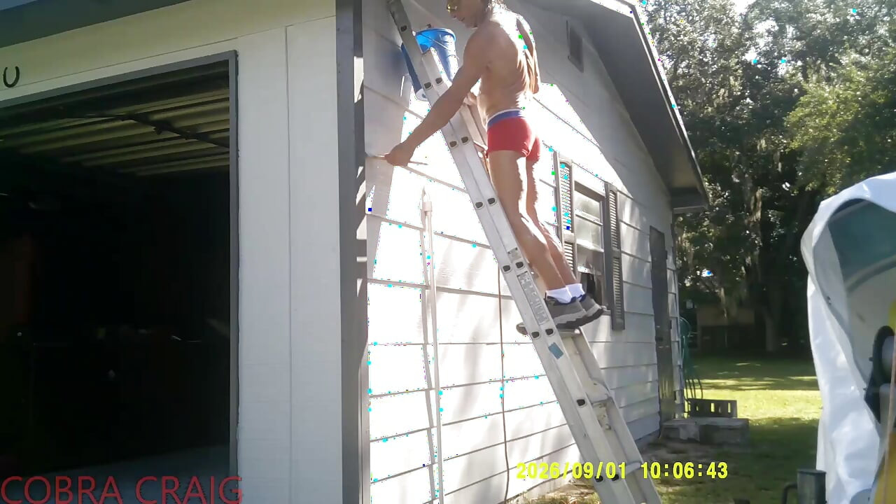 9-1-2026 COBRA CRAIG PAINTS IN HIS TINY RED SHORTS. 64YO. IN THE HEAT AND HUMIDITY.  ROCKS IT