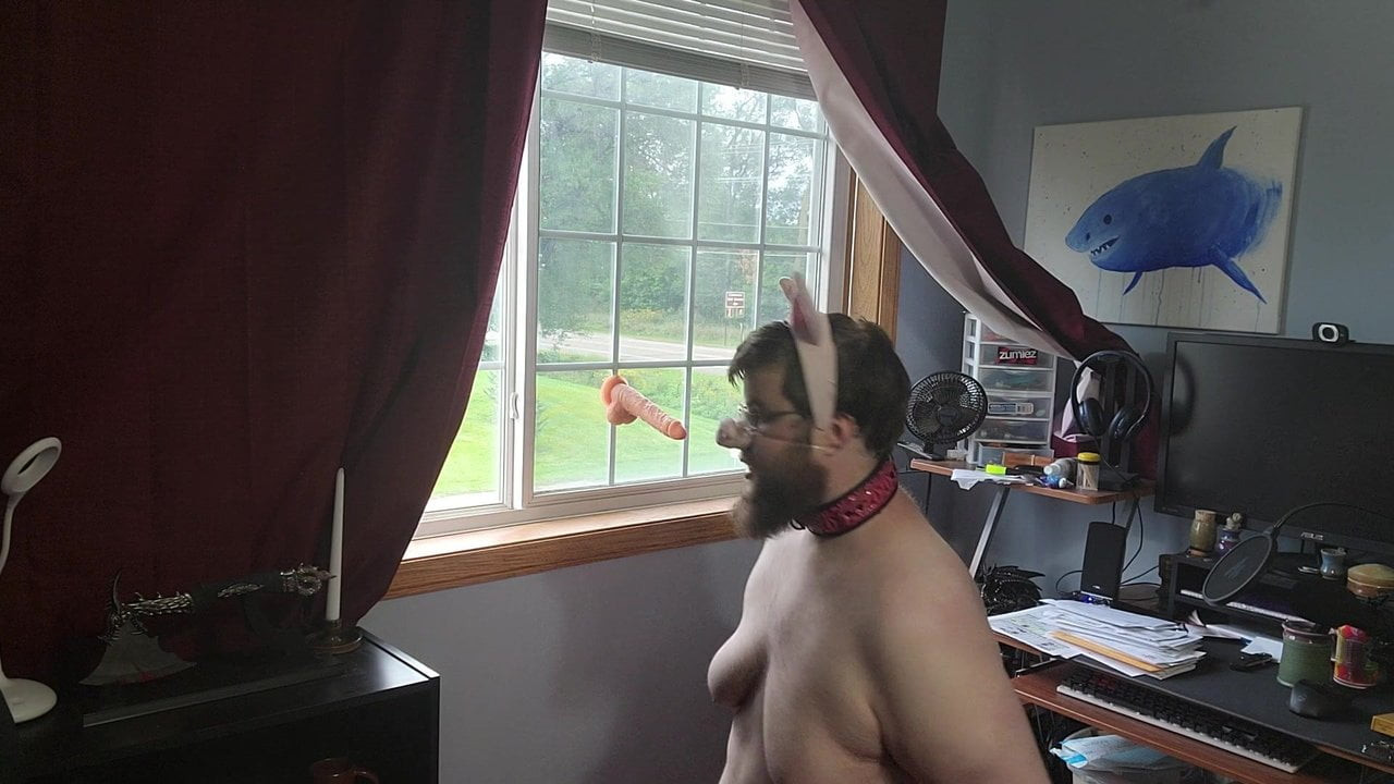 暴露在他的膝盖上吮吸鸡巴的小猪