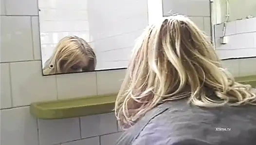 Workers with hard cock fucking the ass of a sexy blonde in black stockings