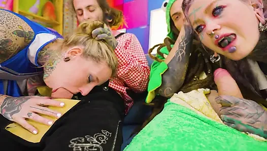 Naughty Tattooed Girls Double Anal – 2 Cocks vs 2 Holes Facial Finish