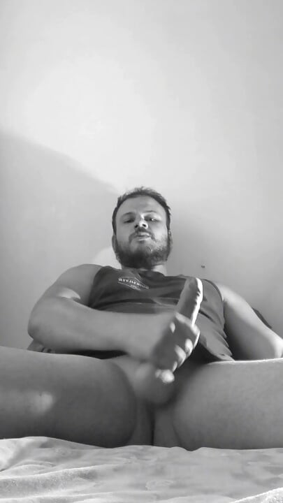 Hunk plays with his huge 27 cm dick and low hanging balls entirely explodes all over with his cum