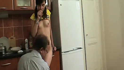 Beautiful teen fucked by grandpa and grandma in the kitchen