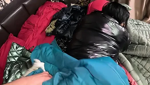 Shiny Downjacket Fetish MILF. Multiple Jackets, Rough Fuck and Cum All Over My Coat