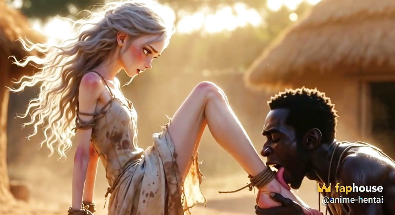White Woman in Bondage - African Man Passionate Foot Licking