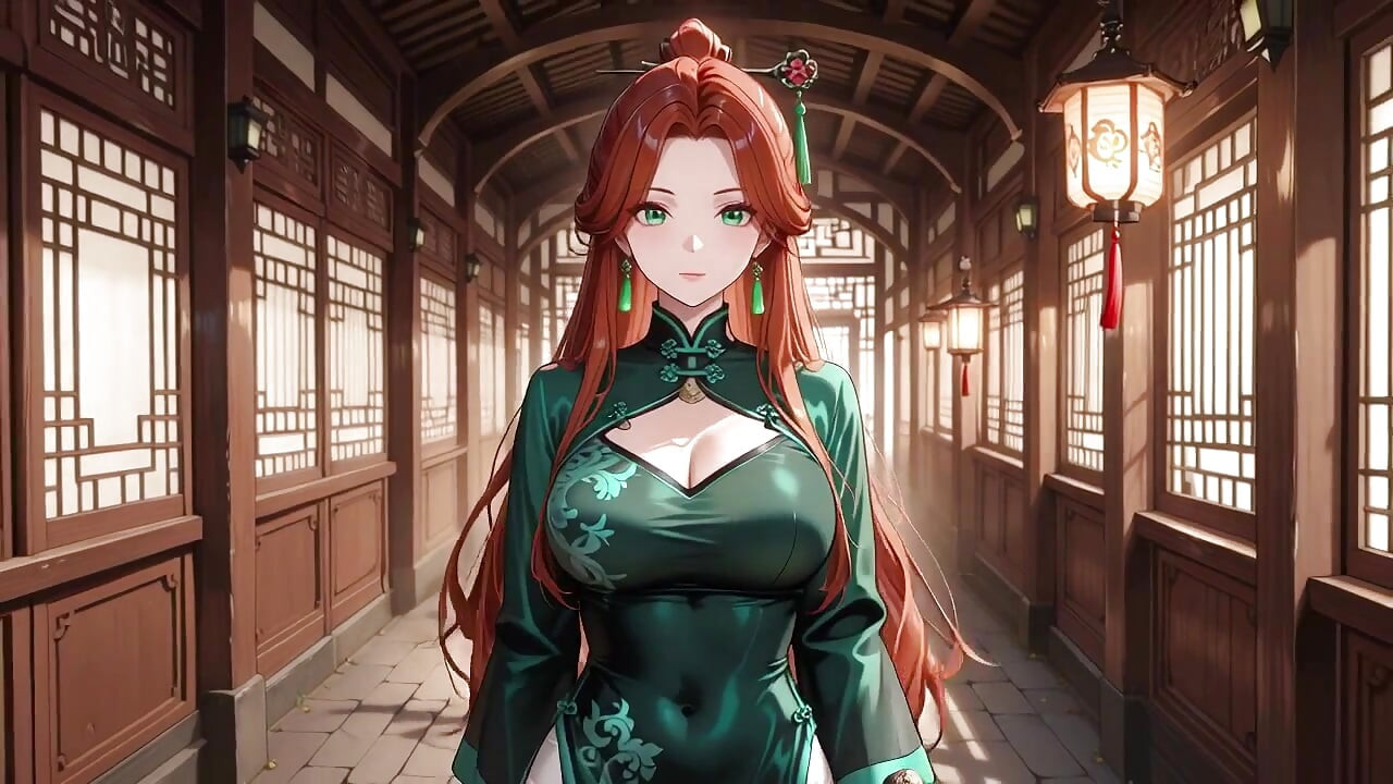 Rött hår & Emerald Qipao! Lazy Förförelse på östra gården.