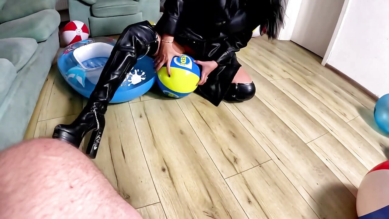 Inflatable Humiliation in Leather. Beach Ball Popping, Deepthroat, Doggy and Cum Play