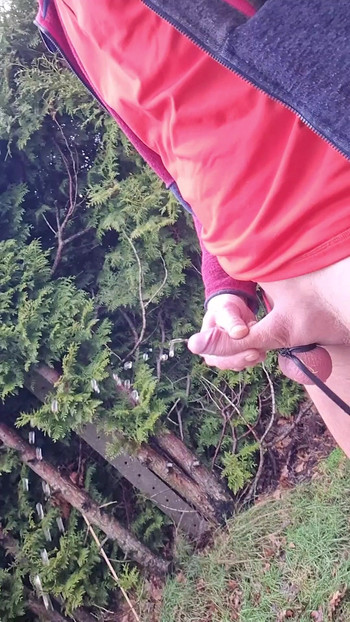 Young piss a fat Thick steam of white pee in garden outdoor