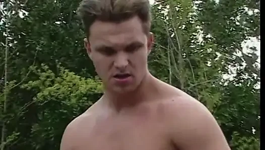 Two horny studs taking turns to fuck a busty blonde outdoors