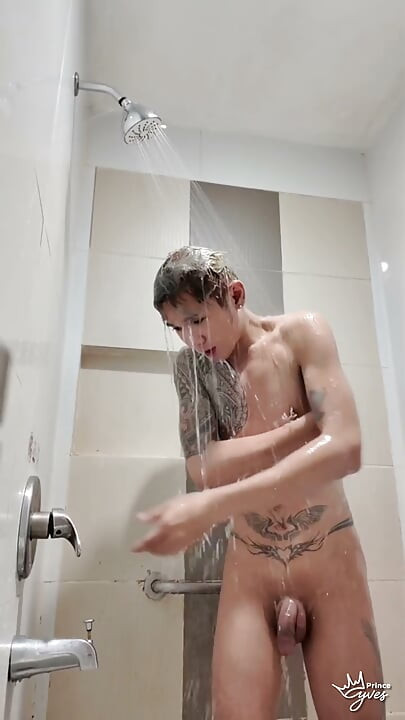 Inked Boy Taking A Shower then Masturbating After Having Sex