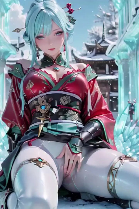 Ice Throne! Silver-haired Mage in Red-green Gown Kneeling, Blue-haired Partner Teasing in Realm!