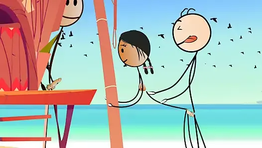Kreskówka gorąca laska rucha się z małym kutasem - seksownym kijkiem na plaży dla nudystów