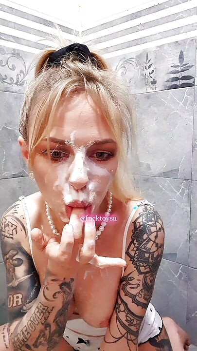 Cute babe deepthroats big dildo, intense riding with fake cum play and messy orgasm