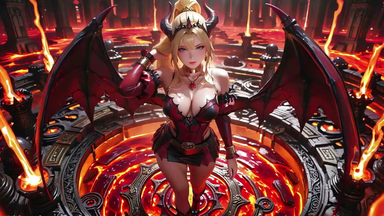 Lava Tron! Blonda Demon Queen Kneels & Își întinde aripile, tachinare leneșă cu un pahar.