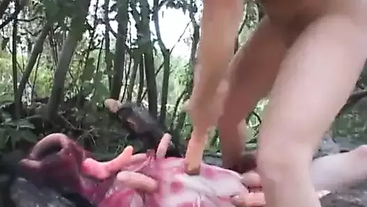 Wild cock thing attacks blond with sexy ass and fucks her outdoors