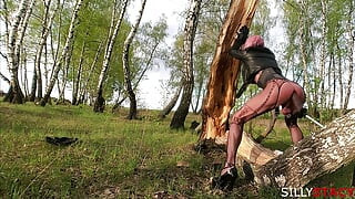 Sissy Stacy Walking Outdoor and Play with Huge Dildo