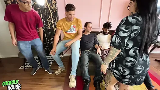 Naughty Wife Abandons Cleaning Duties for Group Sex with 4 Friends of Her Cuckolded Husband