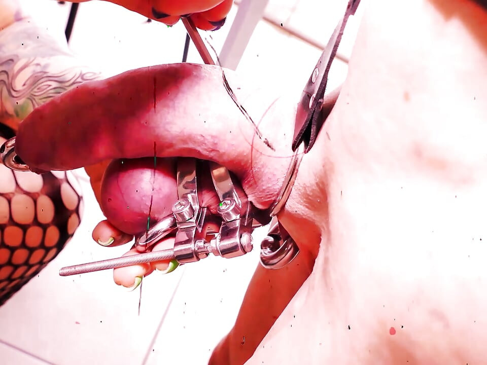 CBT extreme! Medioeval instruments for cock! Lady Morgana cages Slave F's cock without mercy!