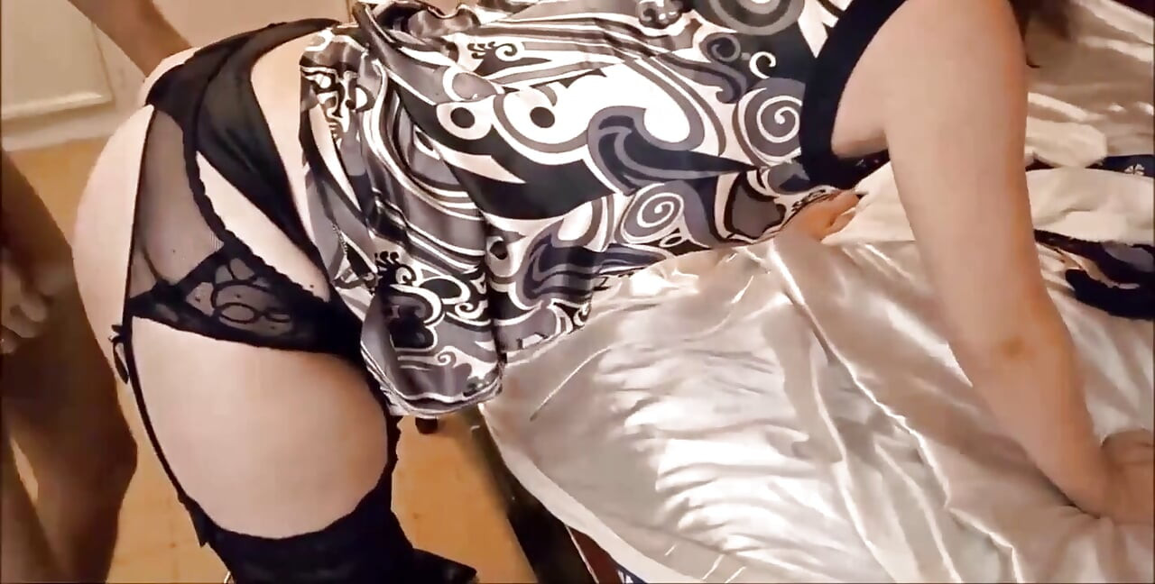 1526 - White Slut, Thong, Garter-belt, Satin Dress, Heels, Blowjob, POV, Doggy Style