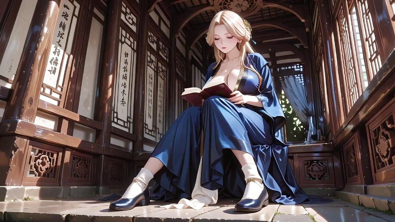 Blonde Goddess in Silk! Lazy Strolls, Kneeling Glances, and Fingertips Grazing Her Chest in a Sun-drenched Japanese Corridor