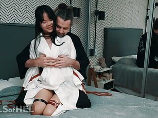 Kinky Asian teen in Japanese kimono gets tied up and fucked