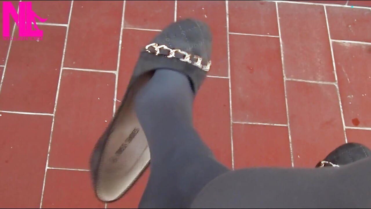 Dangling in Grey Pantyhose and Ballet Flats with Chains